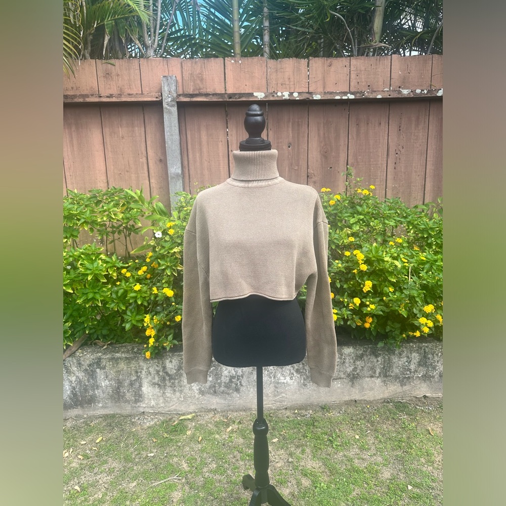 Women's Cropped Turtleneck Sweater - Tan